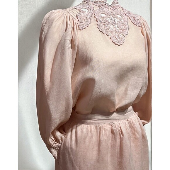 VTG 80's Capriccio by Digna Pink 100% Linen Blouse Skirt Set Victorian Lace Sz 6 - Picture 4 of 16